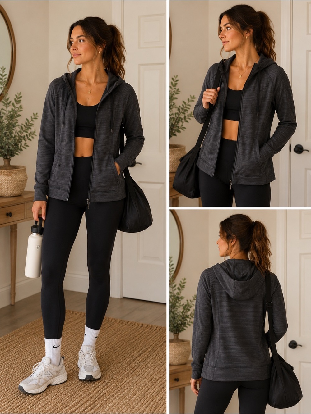 Athleta Black Striped Hooded Zip Jacket